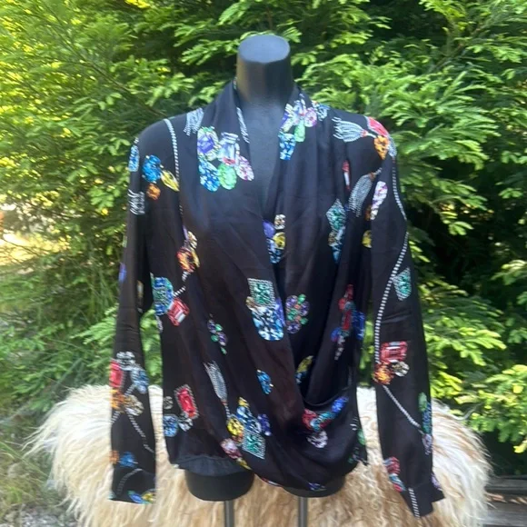 Jewel Printed Silk Waterfall Neckline Long sleeve Top Mob Wife Italian Lux Sz L - Picture 2 of 9